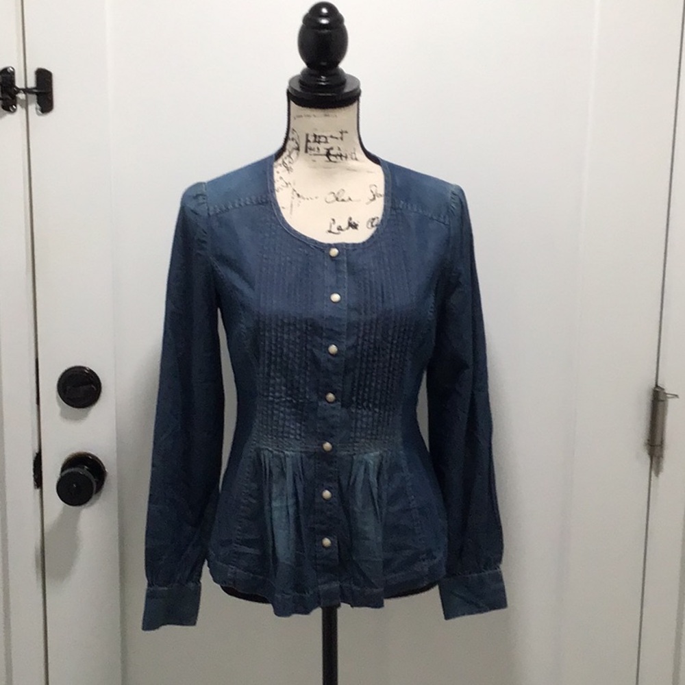 NWOT. Lucky Brand Indigo Pleated Denim Top